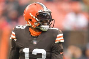 Odell Beckham Jr. #13 of the Cleveland Browns looks on prior to the game against the Arizona Cardinals at FirstEnergy Stadium on October 17, 2021 in Cleveland, Ohio.