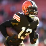 Odell Beckham Jr. #13 of the Cleveland Browns warms up before a game against the Pittsburgh Steelers at FirstEnergy Stadium on October 31, 2021 in Cleveland, Ohio.