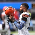 Odell Beckham Jr. #13 of the Cleveland Browns on the field before the game against the Los Angeles Chargers at SoFi Stadium on October 10, 2021 in Inglewood, California.