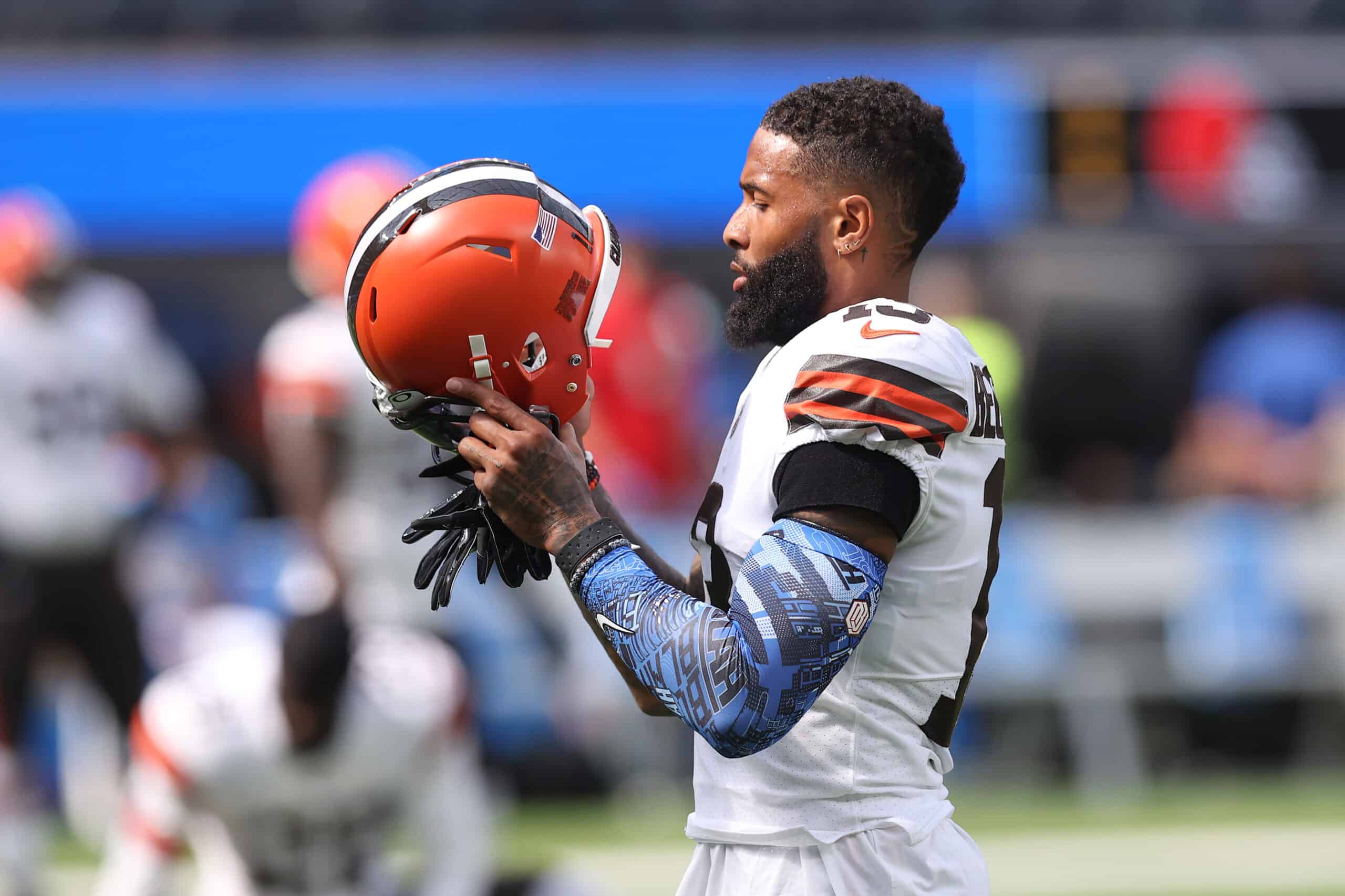 Odell Beckham Jr. #13 of the Cleveland Browns on the field before the game against the Los Angeles Chargers at SoFi Stadium on October 10, 2021 in Inglewood, California.