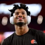 Wide receiver Rashard Higgins #82 of the Cleveland Browns warms up against the Denver Broncos at FirstEnergy Stadium on October 21, 2021 in Cleveland, Ohio.