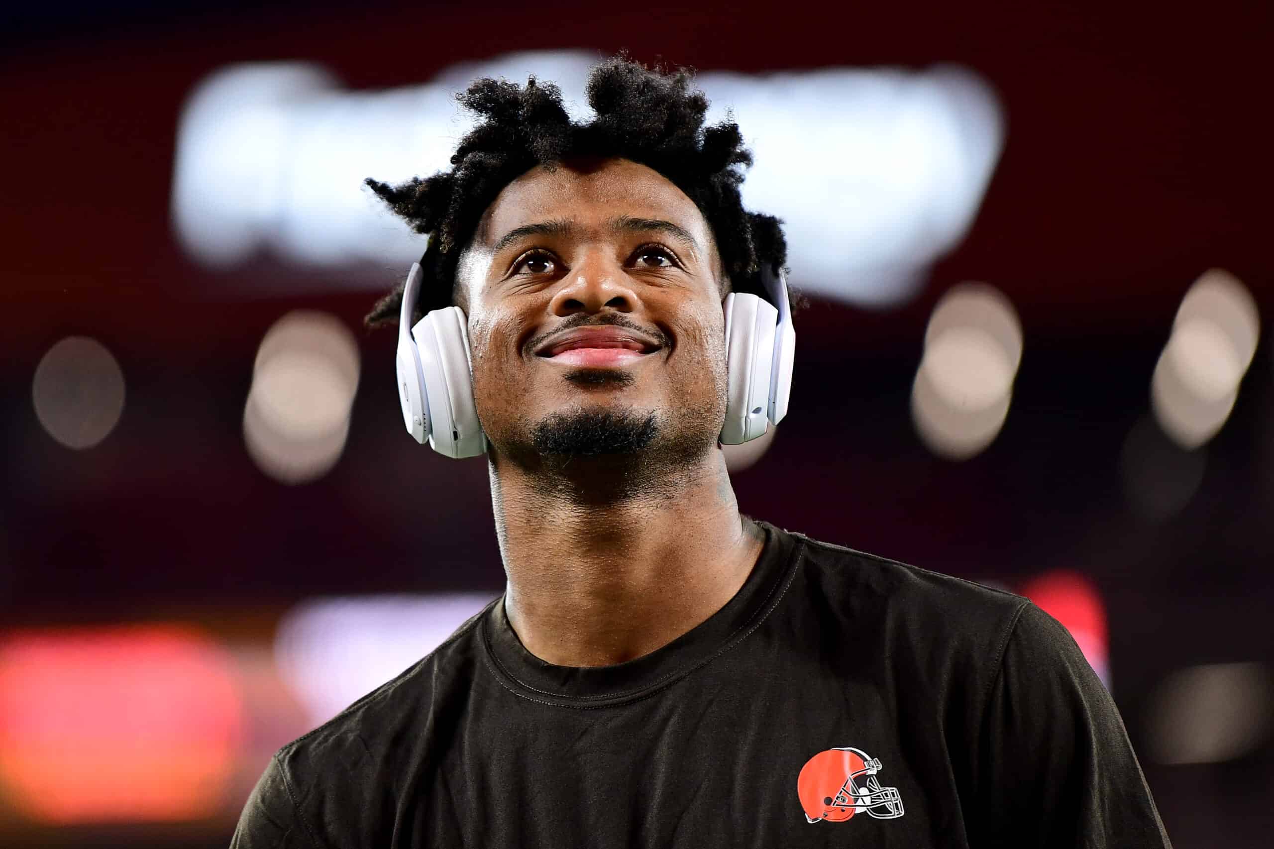 Wide receiver Rashard Higgins #82 of the Cleveland Browns warms up against the Denver Broncos at FirstEnergy Stadium on October 21, 2021 in Cleveland, Ohio.