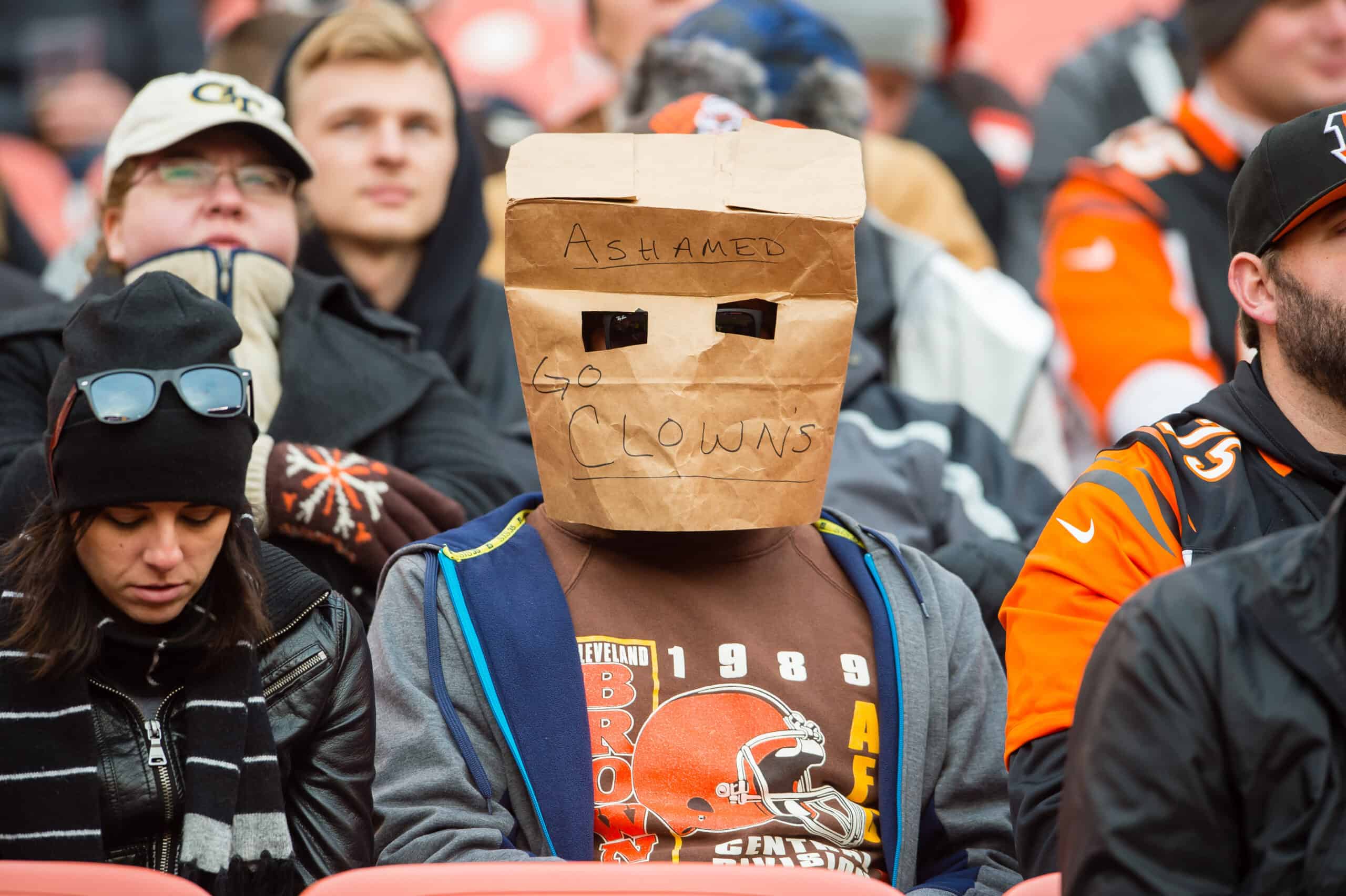 Cleveland Browns fan expresses their disappointment with the team during the second half against the Cincinnati Bengals at FirstEnergy Stadium on December 6, 2015 in Cleveland, Ohio. The Bengals defeated the Browns 37-3.