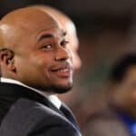 Commentator Steve Smith Sr. on camera before the game against the Jacksonville Jaguars and the Cincinnati Bengals on September 30, 2021, at Paul Brown Stadium in Cincinnati, OH.