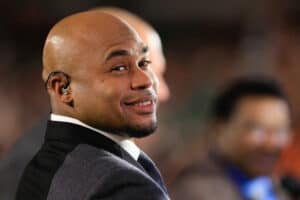 Commentator Steve Smith Sr. on camera before the game against the Jacksonville Jaguars and the Cincinnati Bengals on September 30, 2021, at Paul Brown Stadium in Cincinnati, OH.