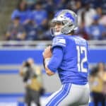Tim Boyle #12 of the Detroit Lions scans the field against the Buffalo Bills during the third quarter of a preseason game at Ford Field on August 13, 2021 in Detroit, Michigan.