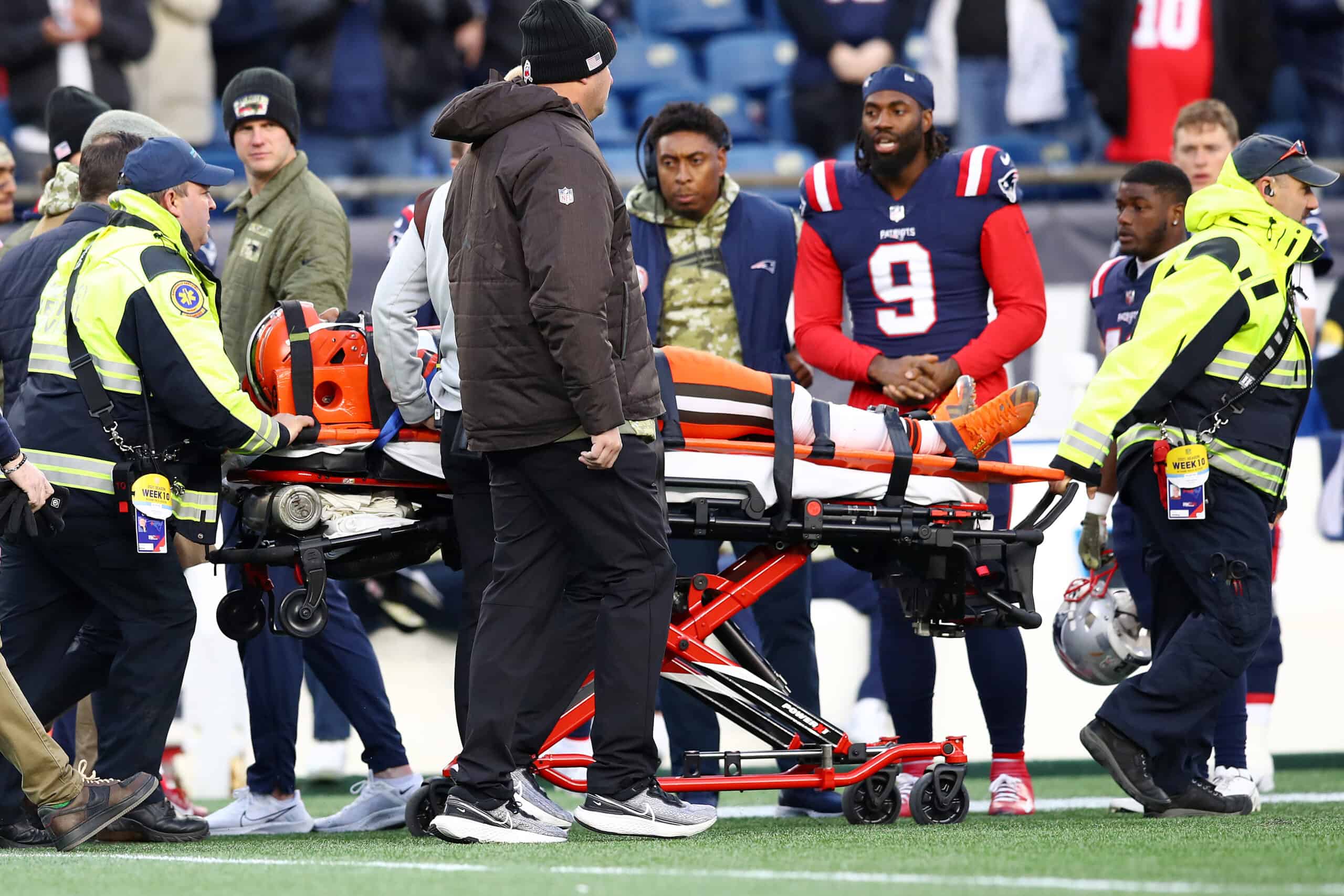 Troy Hill #23 of the Cleveland Browns is carted off the field during the second half against the New England Patriots at Gillette Stadium on November 14, 2021 in Foxborough, Massachusetts. 