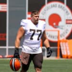 Cleveland Browns guard Wyatt Teller (77) takes the field during the Cleveland Browns Training Camp on August 3, 2021, at the at the Cleveland Browns Training Facility in Berea, Ohio