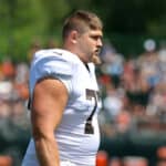 Cleveland Browns guard Wyatt Teller (77) takes the field during the Cleveland Browns Training Camp on August 3, 2021, at the at the Cleveland Browns Training Facility in Berea, Ohio.