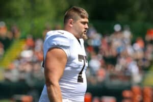 Cleveland Browns guard Wyatt Teller (77) takes the field during the Cleveland Browns Training Camp on August 3, 2021, at the at the Cleveland Browns Training Facility in Berea, Ohio.