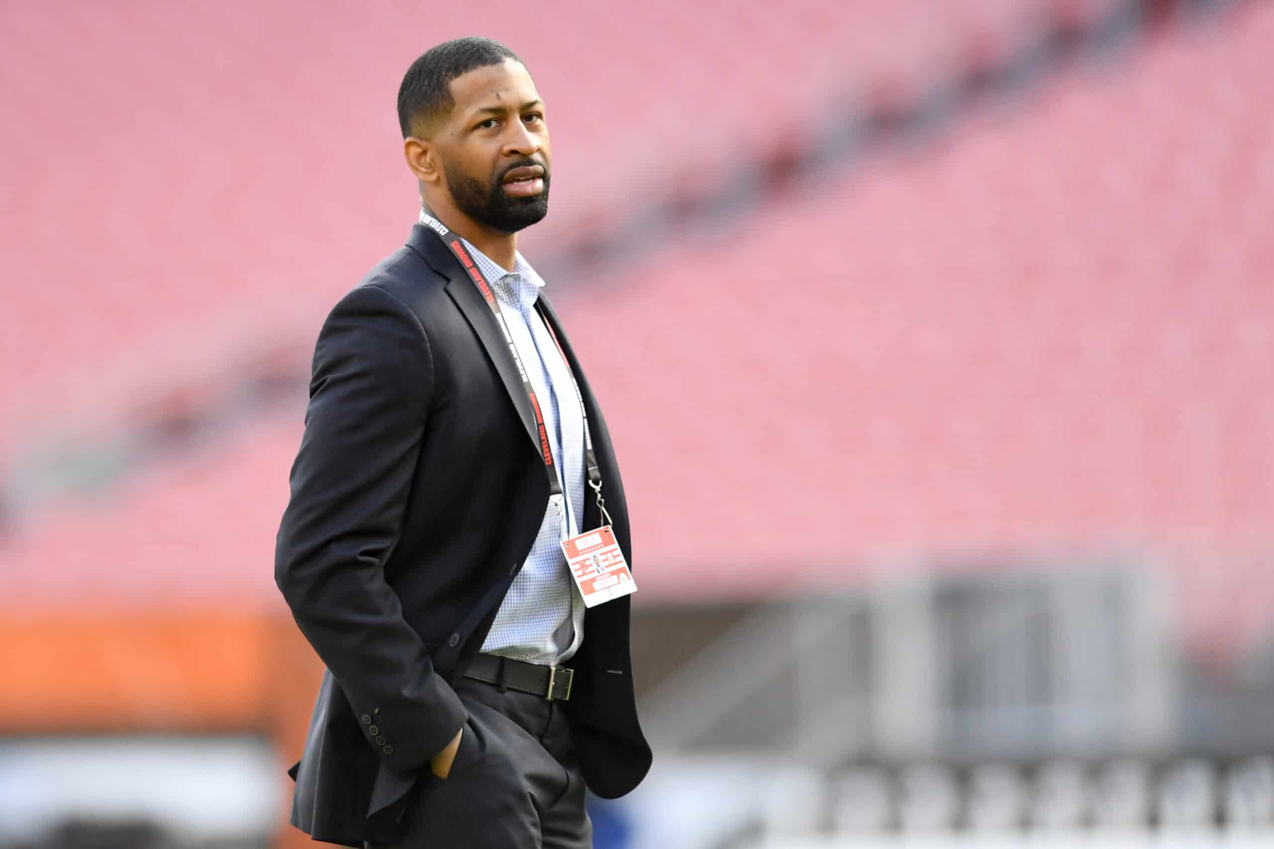 General manager Andrew Berry of the Cleveland Browns looks on before the Browns take on the Pittsburgh Steelers at FirstEnergy Stadium on October 31, 2021 in Cleveland, Ohio. 