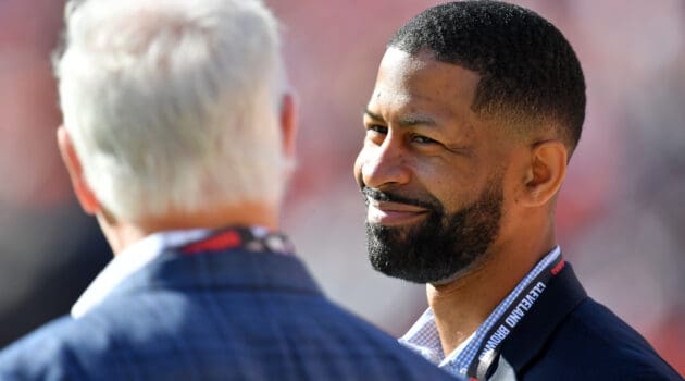 Cleveland Browns general manager Andrew Berry talks to owner Jimmy Haslam before a game against the Pittsburgh Steelers at FirstEnergy Stadium on October 31, 2021 in Cleveland, Ohio.