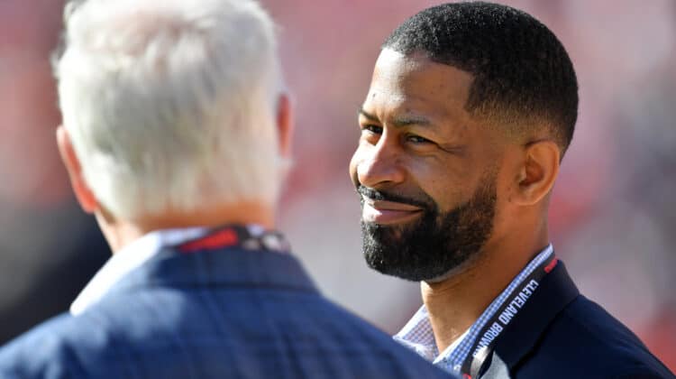 Cleveland Browns general manager Andrew Berry talks to owner Jimmy Haslam before a game against the Pittsburgh Steelers at FirstEnergy Stadium on October 31, 2021 in Cleveland, Ohio.