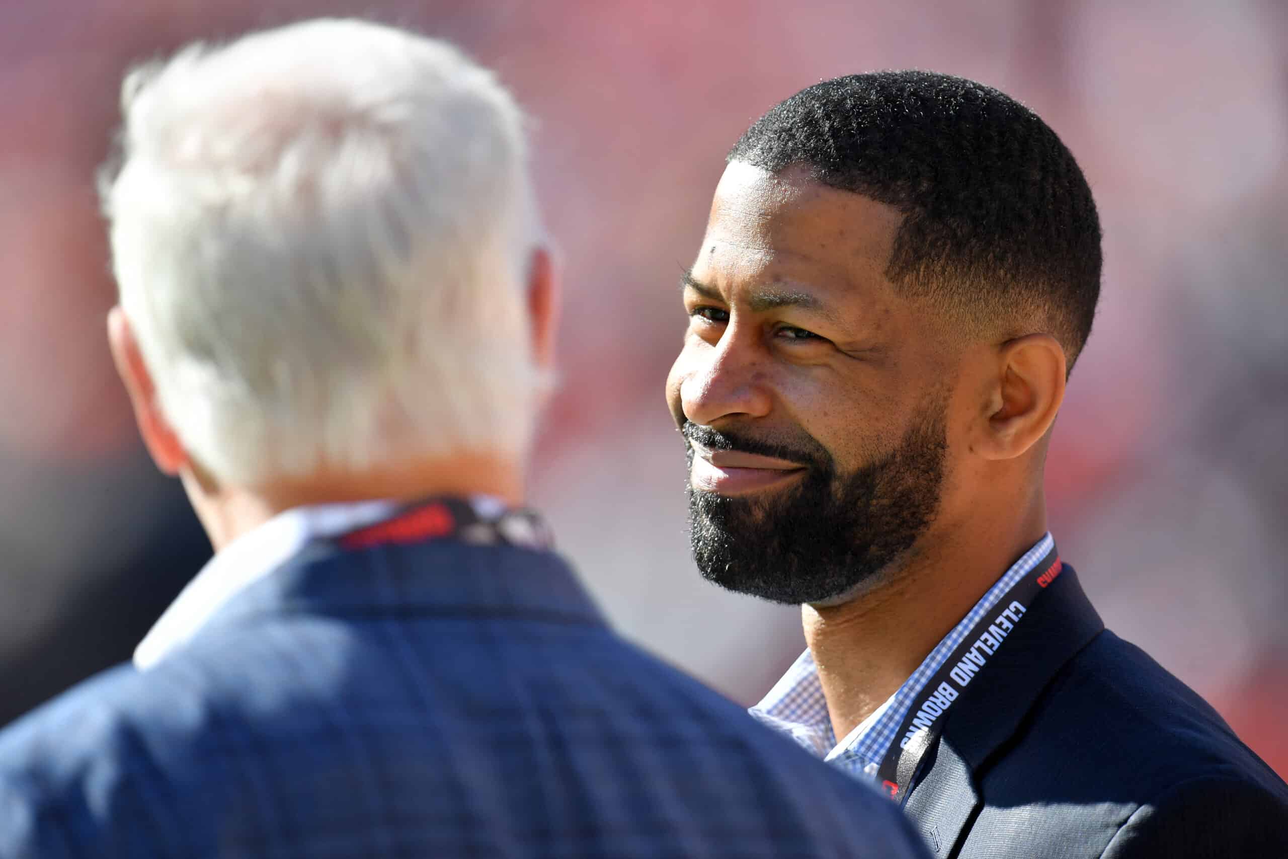 Cleveland Browns general manager Andrew Berry talks to owner Jimmy Haslam before a game against the Pittsburgh Steelers at FirstEnergy Stadium on October 31, 2021 in Cleveland, Ohio.