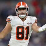 Austin Hooper #81 of the Cleveland Browns reacts to a play during a game against the Baltimore Ravens at M&T Bank Stadium on November 28, 2021 in Baltimore, Maryland.
