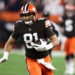 Austin Hooper #81 of the Cleveland Browns plays against the Denver Broncos at FirstEnergy Stadium on October 21, 2021 in Cleveland, Ohio.