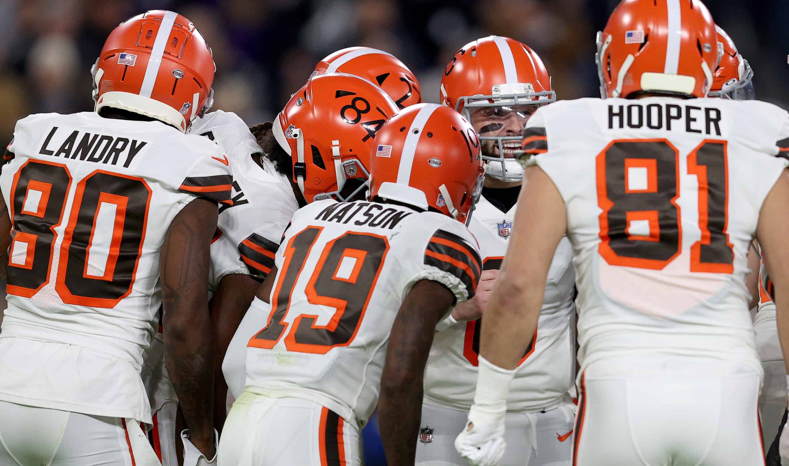 Baker Mayfield #6 of the Cleveland Browns calls a play during a game against the Baltimore Ravens at M&T Bank Stadium on November 28, 2021 in Baltimore, Maryland. 