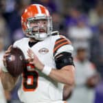 Baker Mayfield #6 of the Cleveland Browns warms during a game against the Baltimore Ravens at M&T Bank Stadium on November 28, 2021 in Baltimore, Maryland.