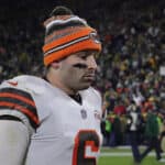 Baker Mayfield #6 of the Cleveland Browns leaves the field following a game against the Green Bay Packers at Lambeau Field on December 25, 2021 in Green Bay, Wisconsin. The Packers defeated the Browns 24-22.