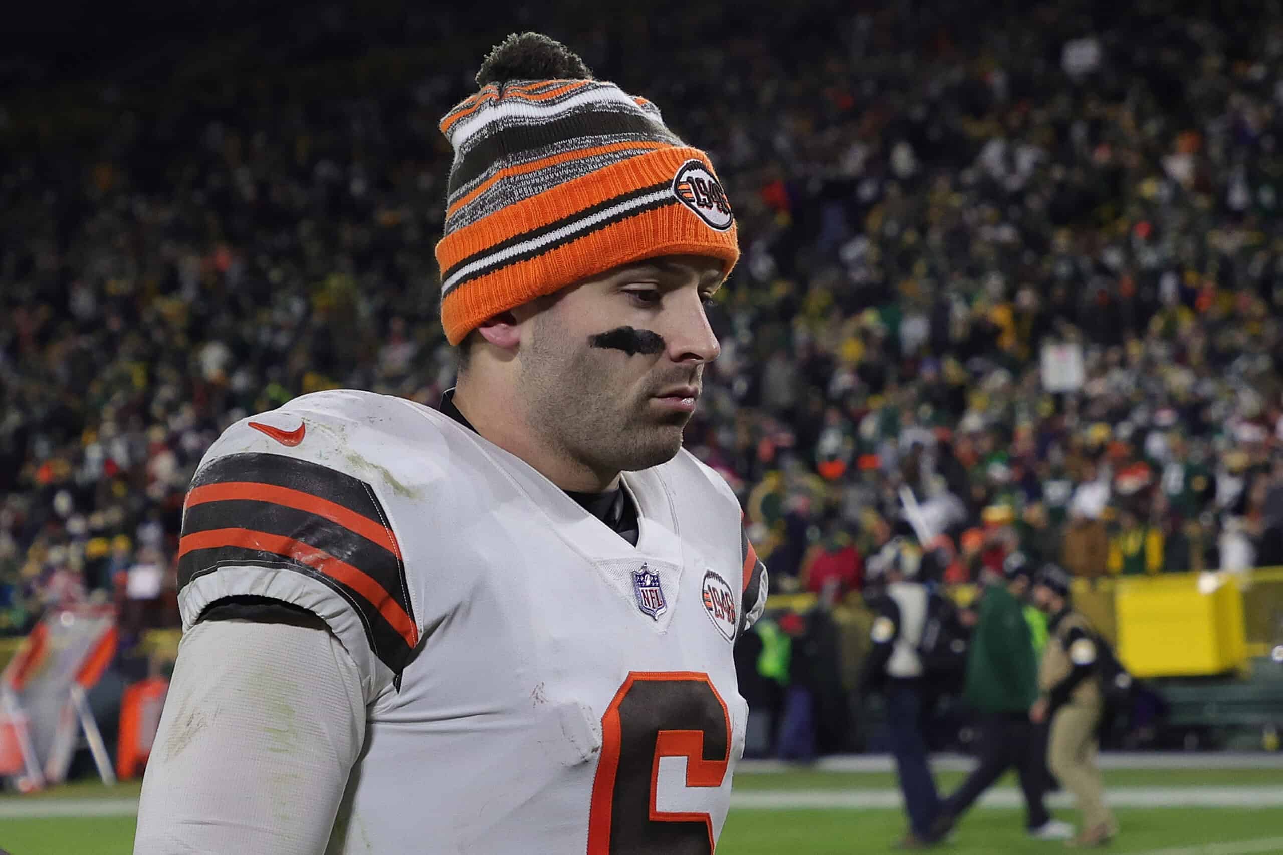 Baker Mayfield #6 of the Cleveland Browns leaves the field following a game against the Green Bay Packers at Lambeau Field on December 25, 2021 in Green Bay, Wisconsin. The Packers defeated the Browns 24-22.