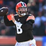 Baker Mayfield #6 of the Cleveland Browns throws a pass against the Baltimore Ravens in the first half at FirstEnergy Stadium on December 12, 2021 in Cleveland, Ohio.