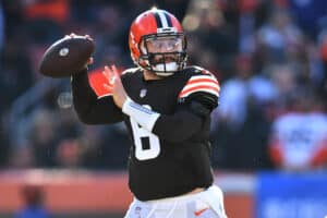 Baker Mayfield #6 of the Cleveland Browns throws a pass against the Baltimore Ravens in the first half at FirstEnergy Stadium on December 12, 2021 in Cleveland, Ohio.