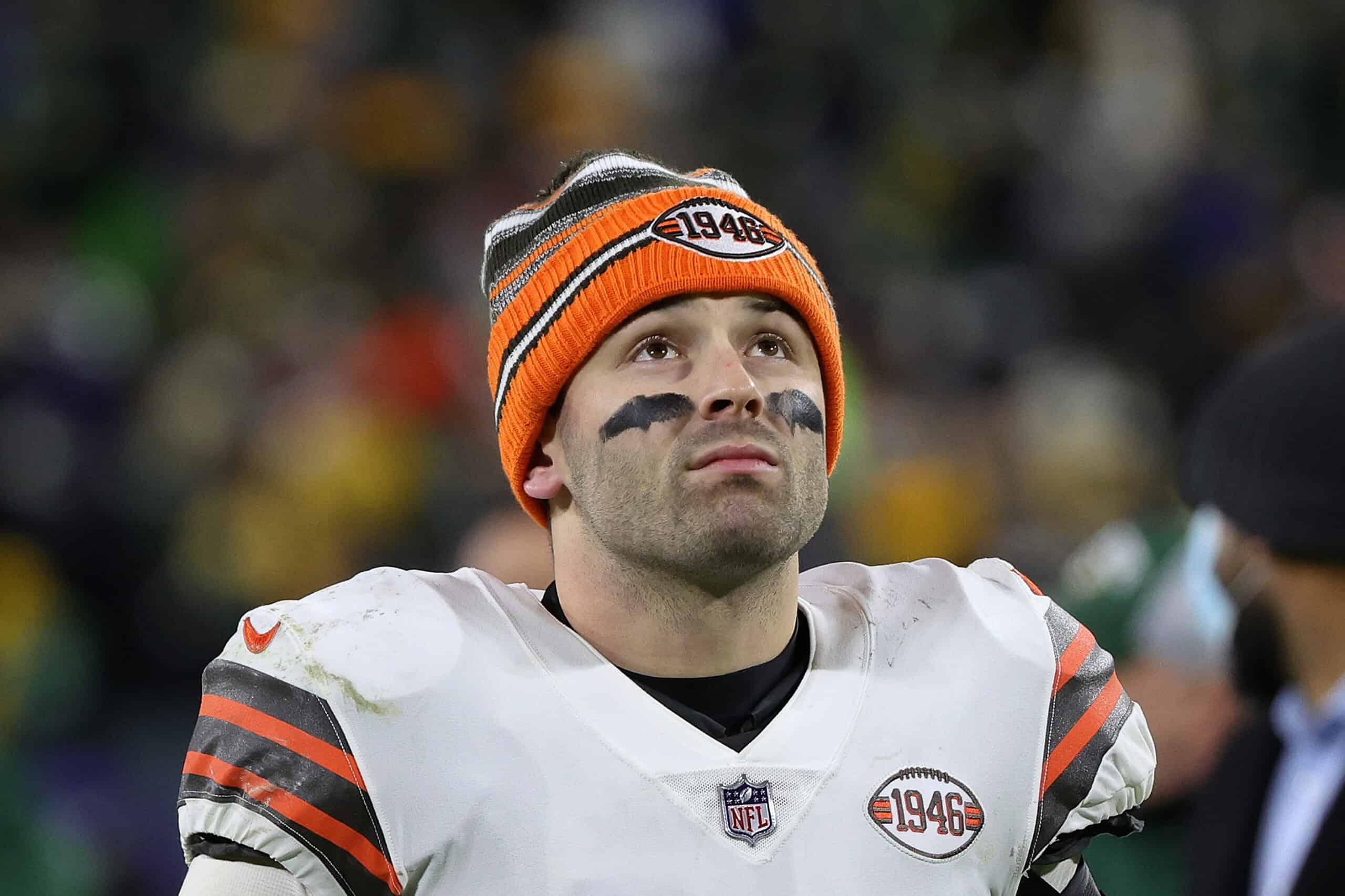 Baker Mayfield #6 of the Cleveland Browns leaves the field following a game against the Green Bay Packers at Lambeau Field on December 25, 2021 in Green Bay, Wisconsin. The Packers defeated the Browns 24-22