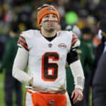 Baker Mayfield #6 of the Cleveland Browns walks off the field after losing to the Green Bay Packers 24-22 at Lambeau Field on December 25, 2021 in Green Bay, Wisconsin.