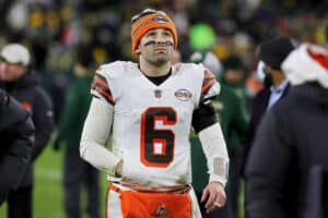 Baker Mayfield #6 of the Cleveland Browns walks off the field after losing to the Green Bay Packers 24-22 at Lambeau Field on December 25, 2021 in Green Bay, Wisconsin.