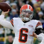 Baker Mayfield #6 of the Cleveland Browns throws a pass in the first quarter against the Green Bay Packers at Lambeau Field on December 25, 2021 in Green Bay, Wisconsin.