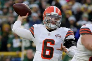 Baker Mayfield #6 of the Cleveland Browns throws a pass in the first quarter against the Green Bay Packers at Lambeau Field on December 25, 2021 in Green Bay, Wisconsin.