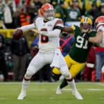 Baker Mayfield #6 of the Cleveland Browns throws a pass in the first quarter against the Green Bay Packers at Lambeau Field on December 25, 2021 in Green Bay, Wisconsin.