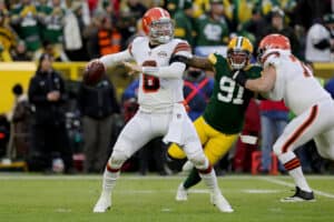 Baker Mayfield #6 of the Cleveland Browns throws a pass in the first quarter against the Green Bay Packers at Lambeau Field on December 25, 2021 in Green Bay, Wisconsin.