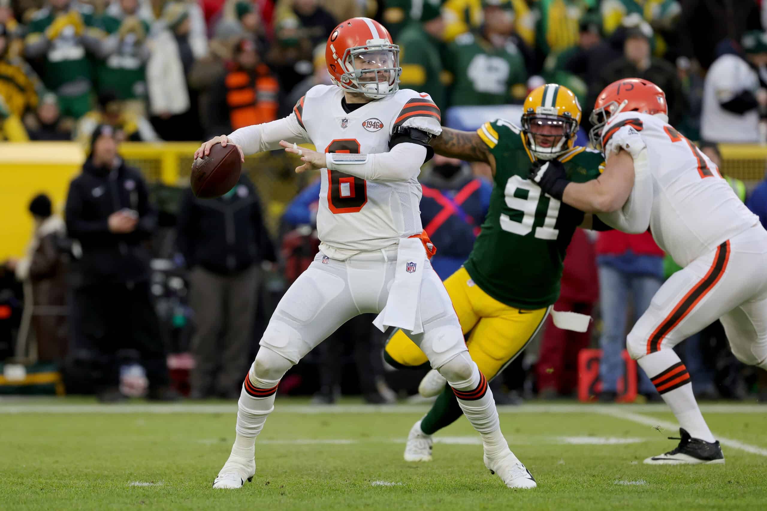 Baker Mayfield #6 of the Cleveland Browns throws a pass in the first quarter against the Green Bay Packers at Lambeau Field on December 25, 2021 in Green Bay, Wisconsin.