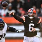 Baker Mayfield #6 of the Cleveland Browns throws an incomplete pass against the Baltimore Ravens during the second half at FirstEnergy Stadium on December 12, 2021 in Cleveland, Ohio.