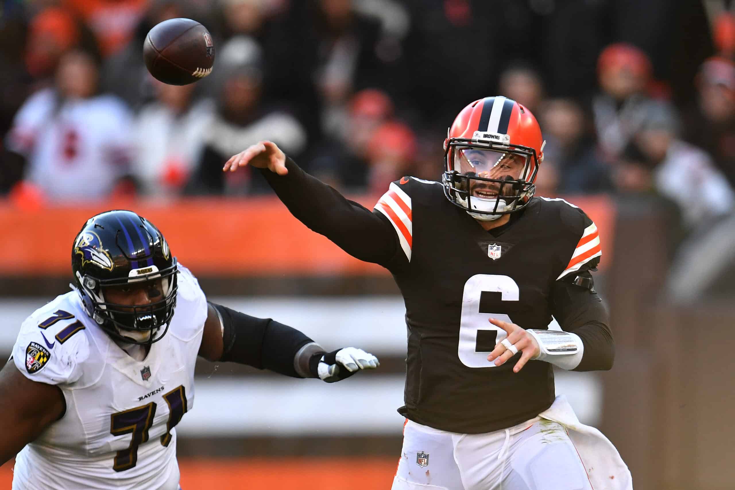 Baker Mayfield #6 of the Cleveland Browns throws an incomplete pass against the Baltimore Ravens during the second half at FirstEnergy Stadium on December 12, 2021 in Cleveland, Ohio. 