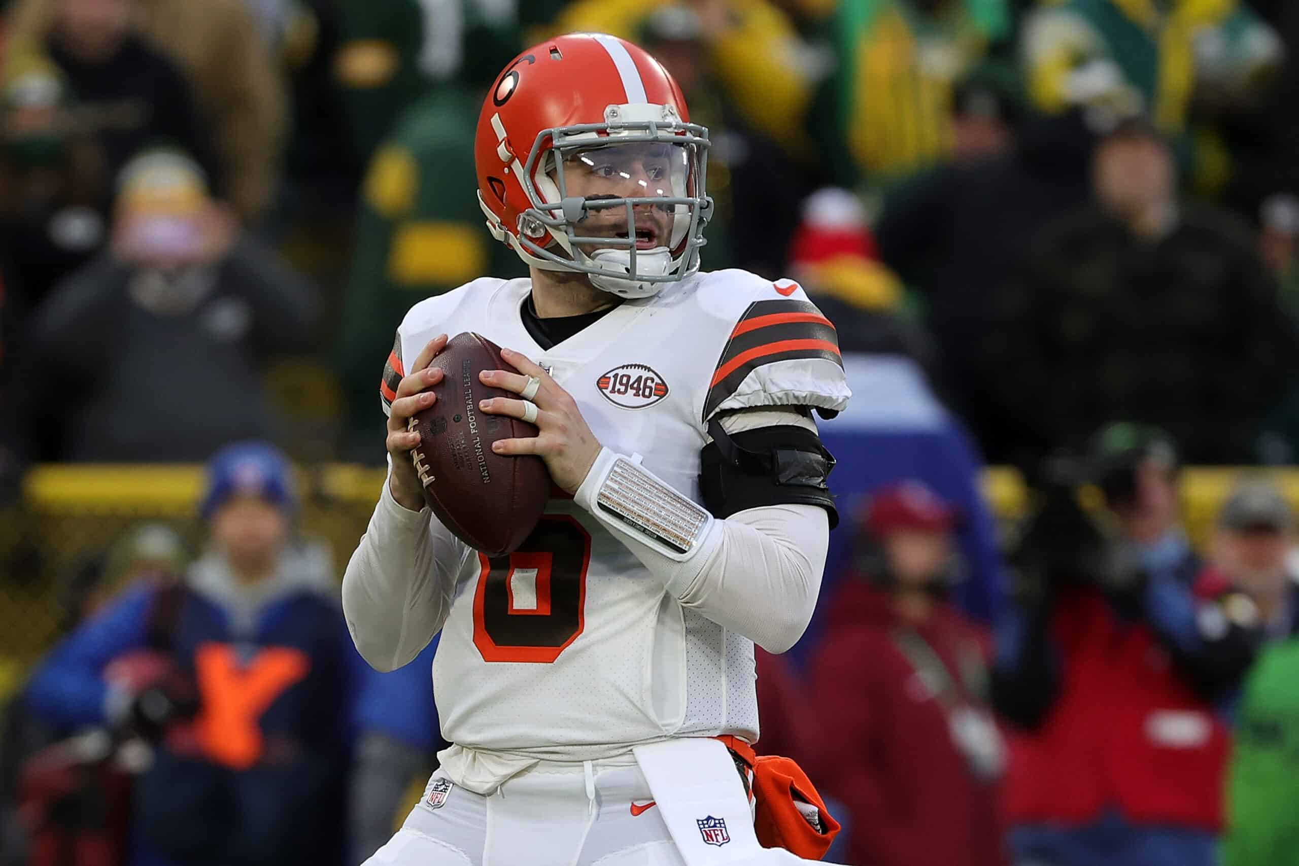 Baker Mayfield #6 of the Cleveland Browns looks to pass during a game against the Green Bay Packers at Lambeau Field on December 25, 2021 in Green Bay, Wisconsin. The Packers defeated the Browns 24-22. 