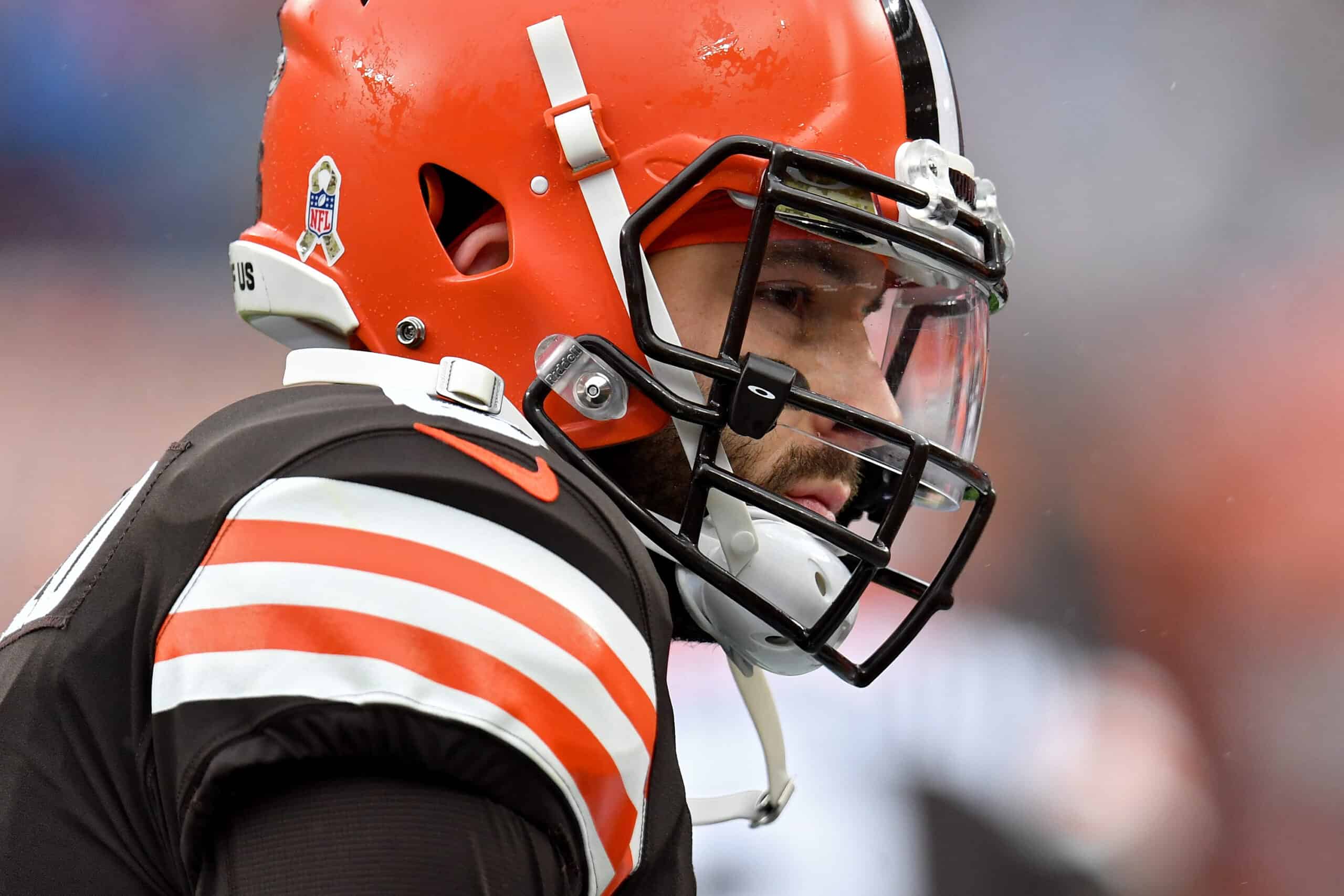 Baker Mayfield #6 of the Cleveland Browns looks on during the game against the Detroit Lions at FirstEnergy Stadium on November 21, 2021 in Cleveland, Ohio.