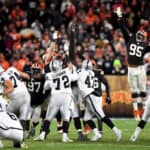 The Cleveland Browns attempt to defend as a field goal is kicked in the fourth quarter of the game against the Las Vegas Raiders at FirstEnergy Stadium on December 20, 2021 in Cleveland, Ohio.