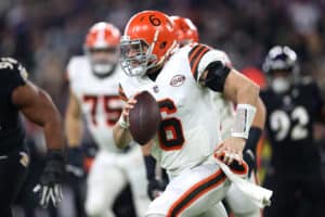 Quarterback Baker Mayfield #6 of the Cleveland Browns runs with the ball against the Baltimore Ravens at M&T Bank Stadium on November 28, 2021 in Baltimore, Maryland.