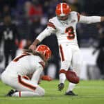 Chase McLaughlin #3 of the Cleveland Browns kicks a field goal in the second quarter during a game against the Baltimore Ravens at M&T Bank Stadium on November 28, 2021 in Baltimore, Maryland.