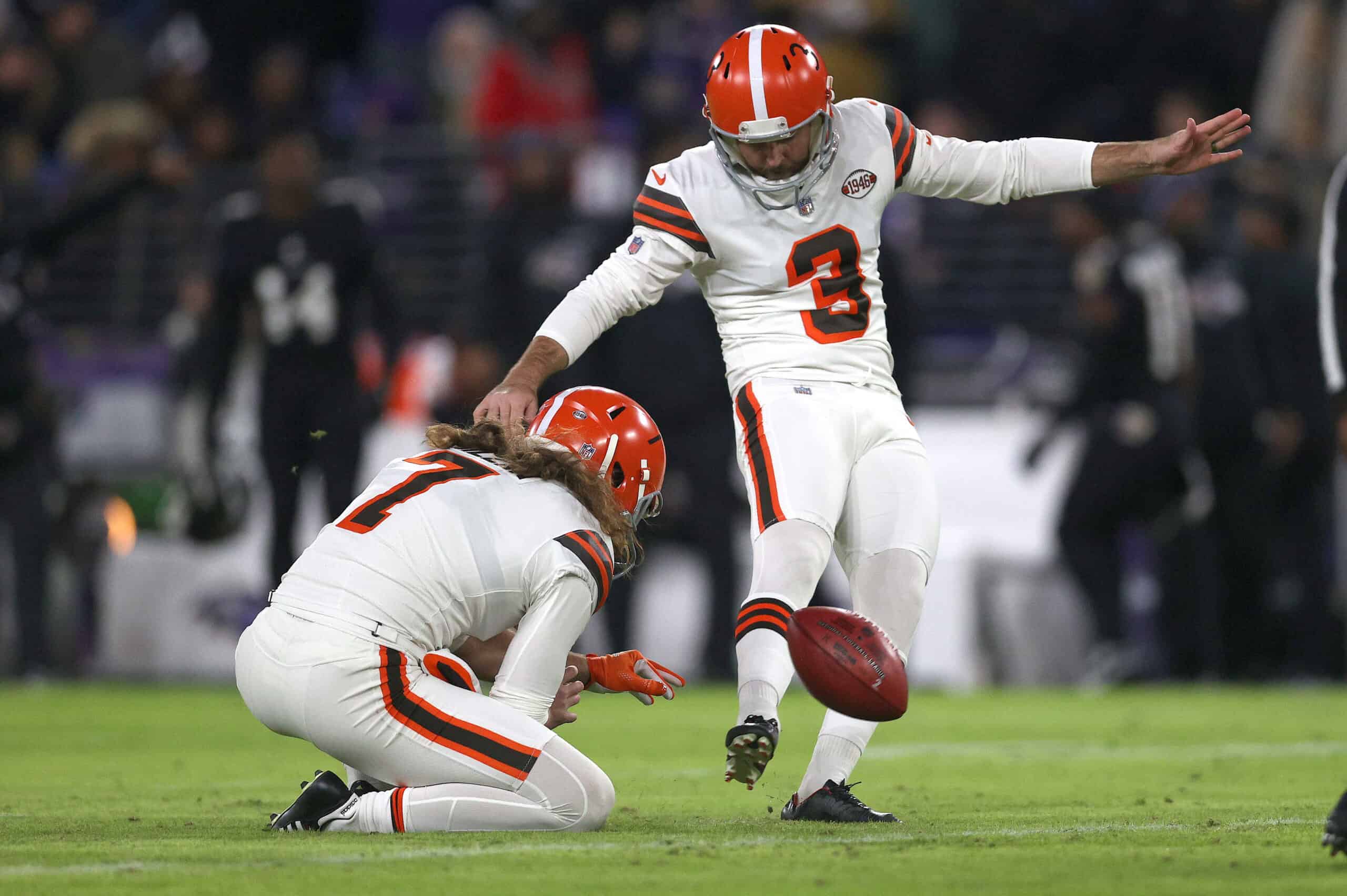 Chase McLaughlin #3 of the Cleveland Browns kicks a field goal in the second quarter during a game against the Baltimore Ravens at M&T Bank Stadium on November 28, 2021 in Baltimore, Maryland. 