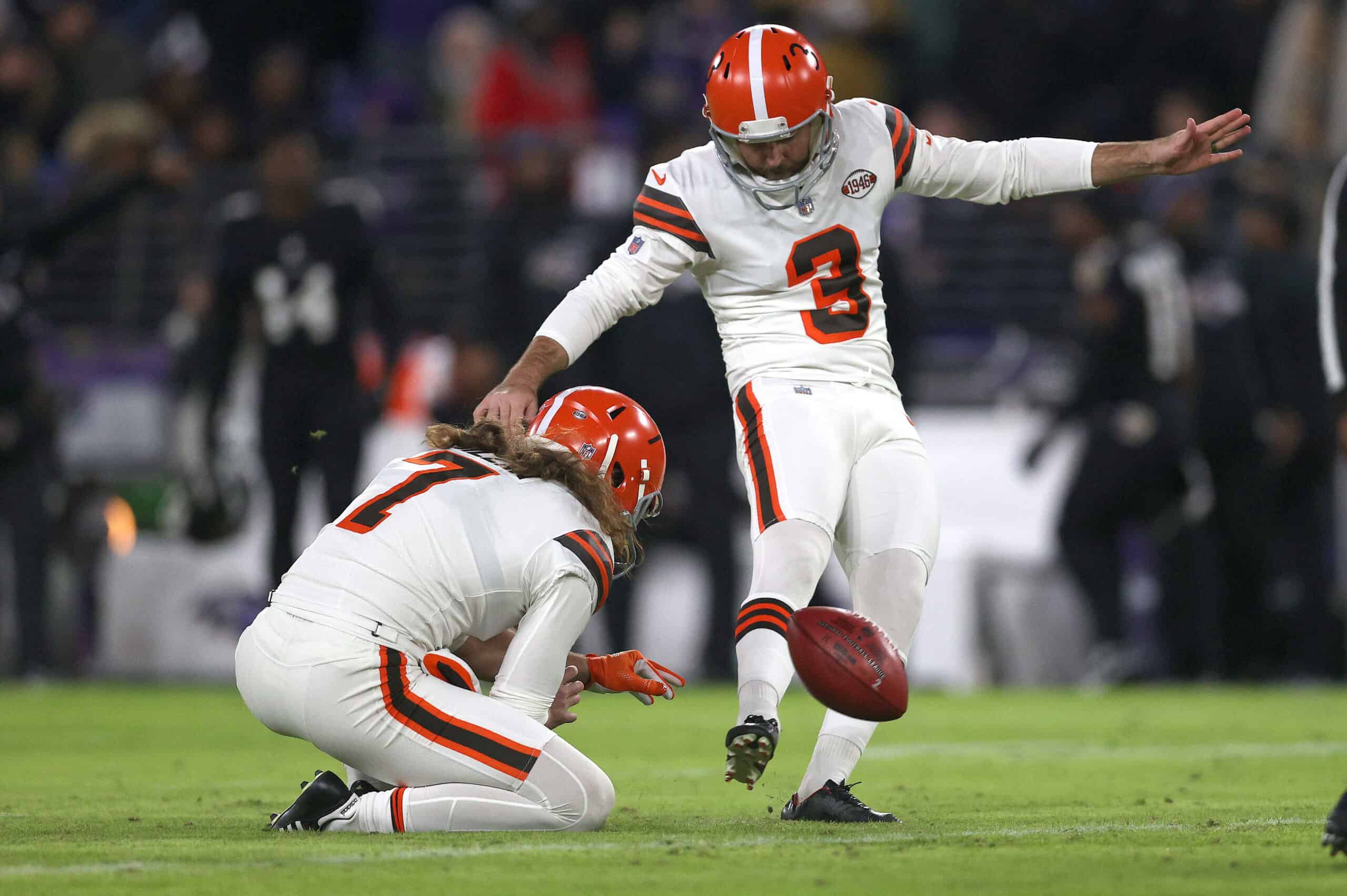 Chase McLaughlin #3 of the Cleveland Browns kicks a field goal in the second quarter during a game against the Baltimore Ravens at M&T Bank Stadium on November 28, 2021 in Baltimore, Maryland.