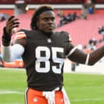 David Njoku #85 of the Cleveland Browns walks off the field after a 15-10 loss to the Pittsburgh Steelers at FirstEnergy Stadium on October 31, 2021 in Cleveland, Ohio.