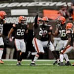 Denzel Ward #21 of the Cleveland Browns celebrates with teammates after his third quarter interception against the Detroit Lions at FirstEnergy Stadium on November 21, 2021 in Cleveland, Ohio.