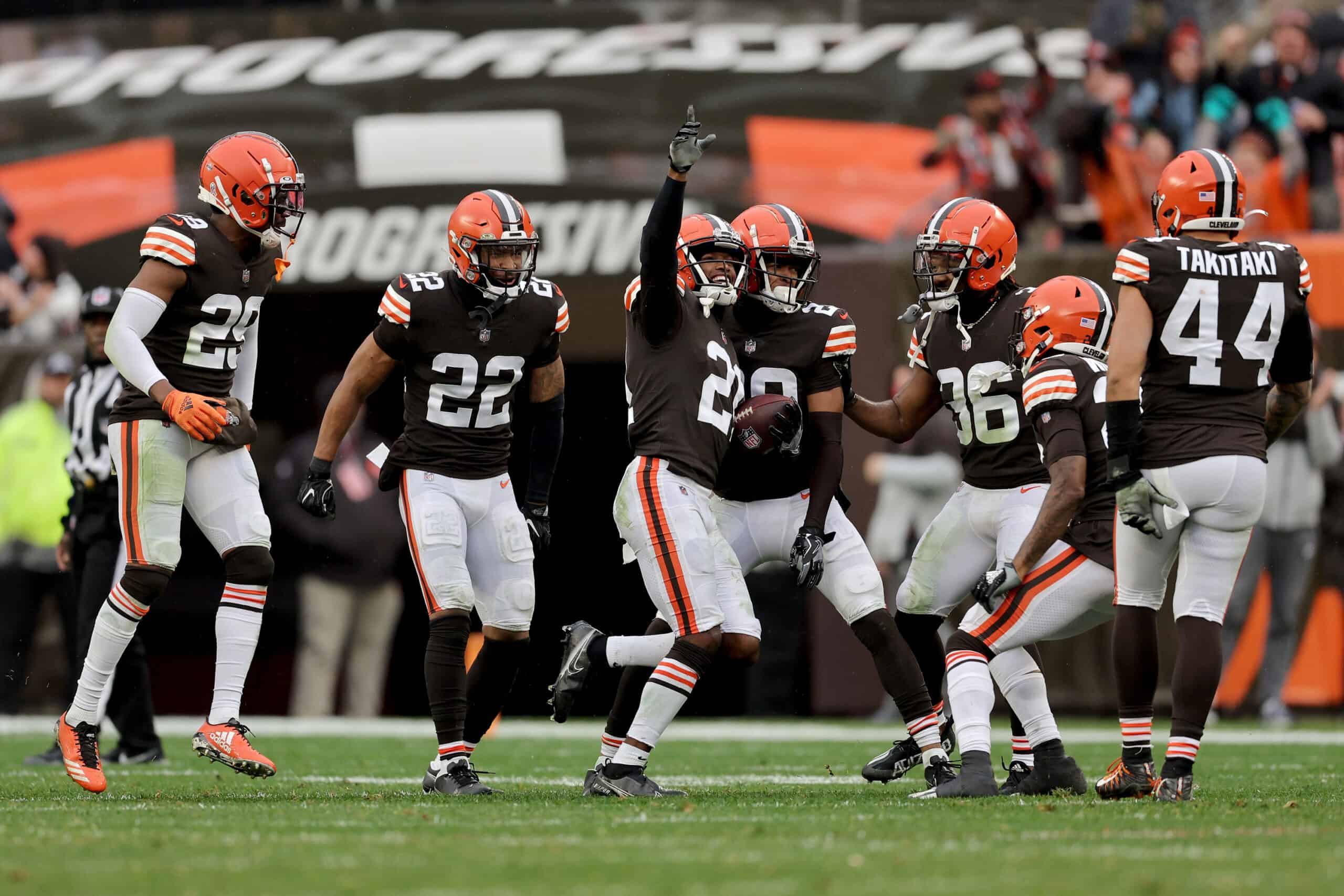 Denzel Ward #21 of the Cleveland Browns celebrates with teammates after his third quarter interception against the Detroit Lions at FirstEnergy Stadium on November 21, 2021 in Cleveland, Ohio.