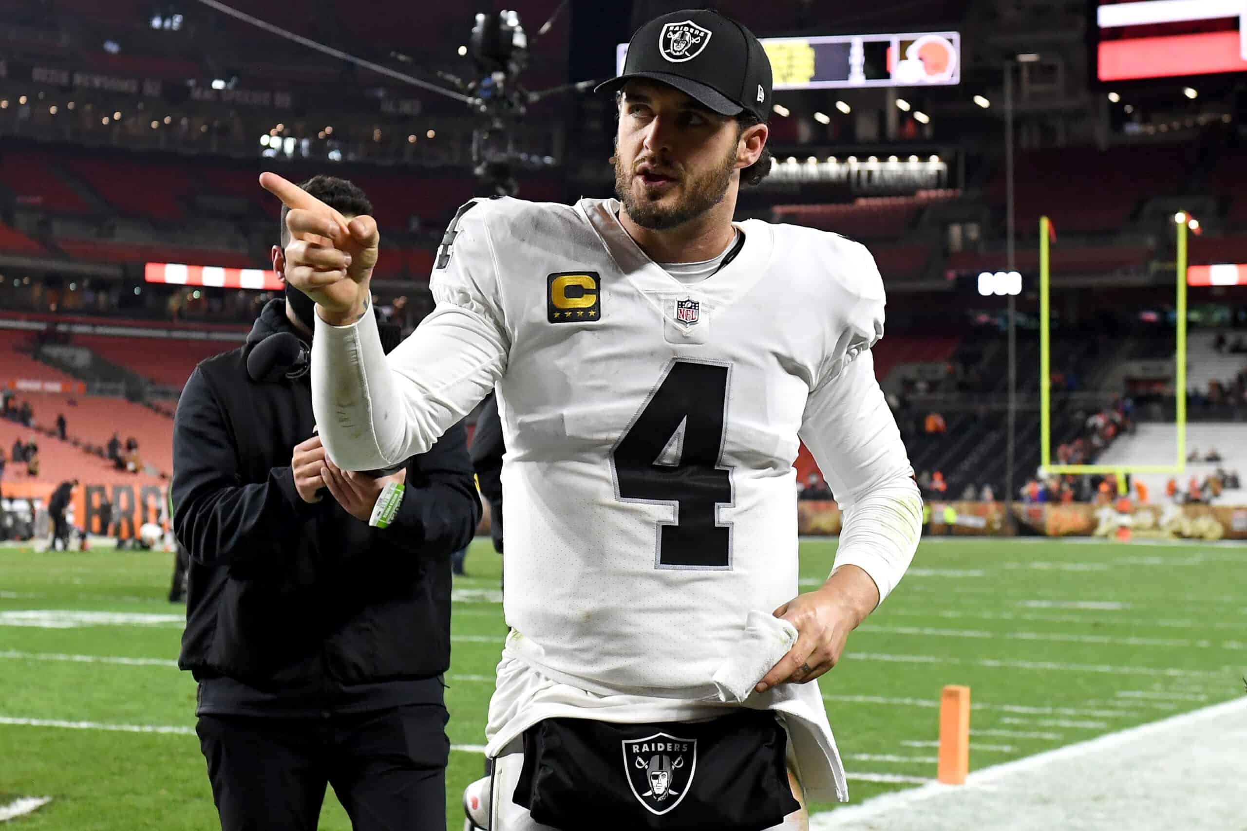 Derek Carr #4 of the Las Vegas Raiders reacts after defeating the Cleveland Browns at FirstEnergy Stadium on December 20, 2021 in Cleveland, Ohio.