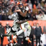 Donovan Peoples-Jones #11 of the Cleveland Browns catches the ball against Brandon Facyson #35 of the Las Vegas Raiders in the second half at FirstEnergy Stadium on December 20, 2021 in Cleveland, Ohio.