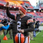 Cleveland Browns punter Dustin Colquitt (2) leaves the field following the National Football League game between the Baltimore Ravens and Cleveland Browns on December 12, 2021, at FirstEnergy Stadium in Cleveland, OH.