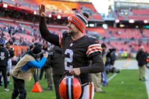 Cleveland Browns punter Dustin Colquitt (2) leaves the field following the National Football League game between the Baltimore Ravens and Cleveland Browns on December 12, 2021, at FirstEnergy Stadium in Cleveland, OH.